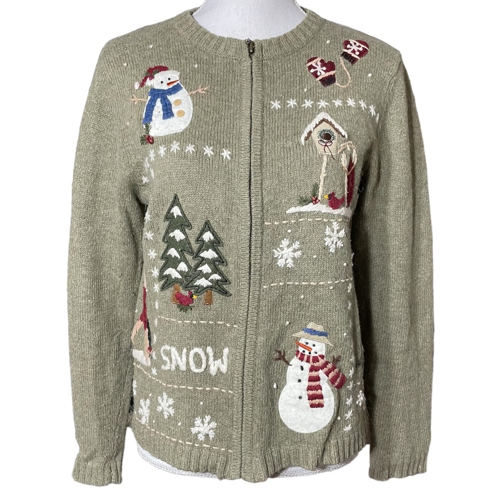 Wool Angora Snowman Embroidered Sweater S Christmas Green Snowflake Snow Grid